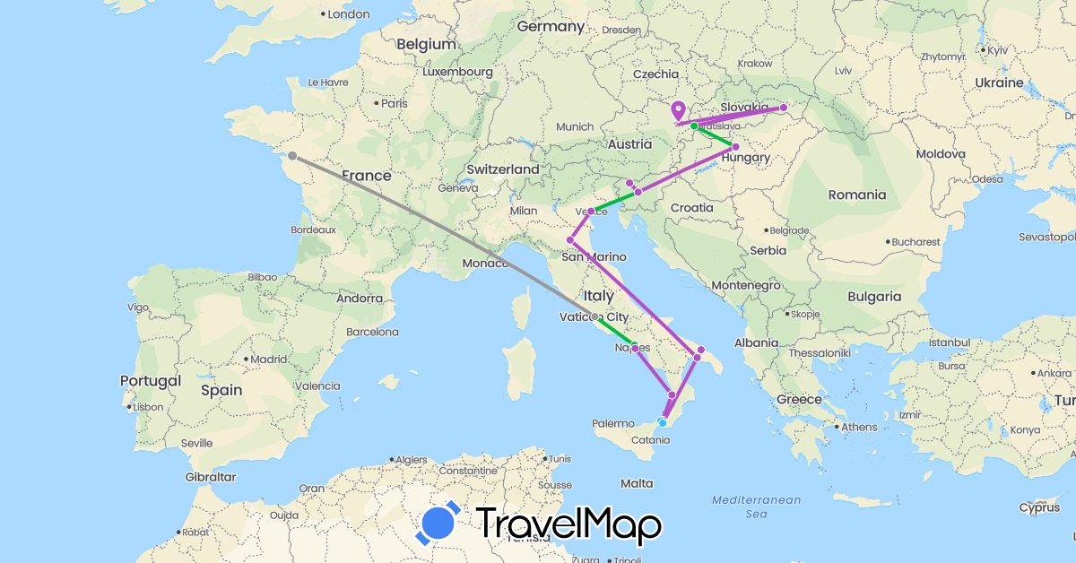 TravelMap itinerary: driving, bus, plane, train, boat in Austria, France, Hungary, Italy, Slovenia, Slovakia (Europe)